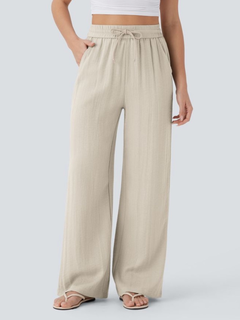 High Waisted Drawstring Pocket Wide Leg Baggy Casual Linen-Feel Small Extra Tall